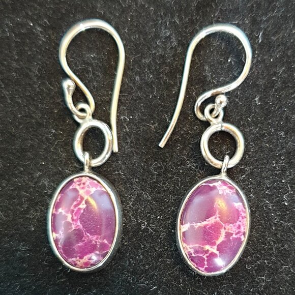 Rare Vintage Natural Purple Impression Jasper 925 Sterling Silver Dangle Earring - Picture 1 of 11